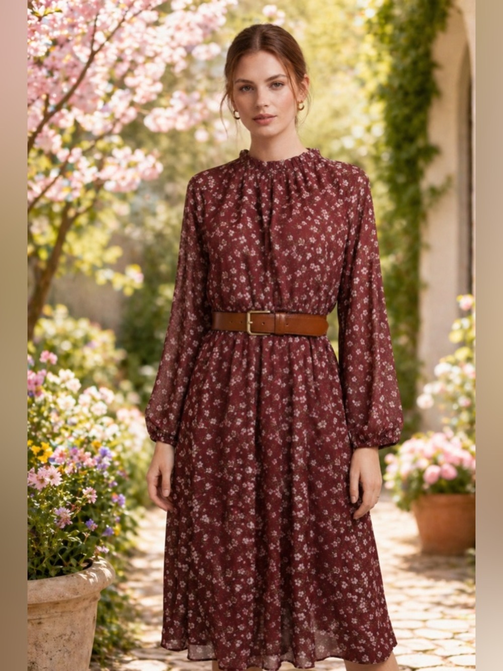 BloomChic Long Sleeve Burgundy Floral Midi Boho Dress Gathered Neckline pockets